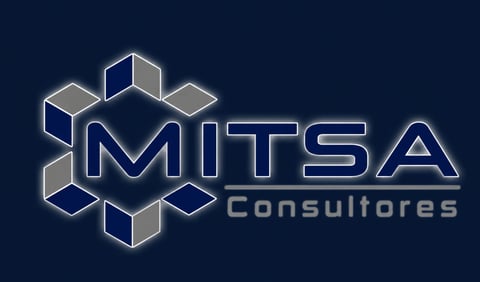 MITSA Consultores logo featuring geometric 3D cube design in blue and gray on dark background